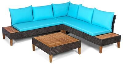 Costway 4 Pieces Patio Cushioned Rattan Furniture Set with Wooden Side Table-Turquoise