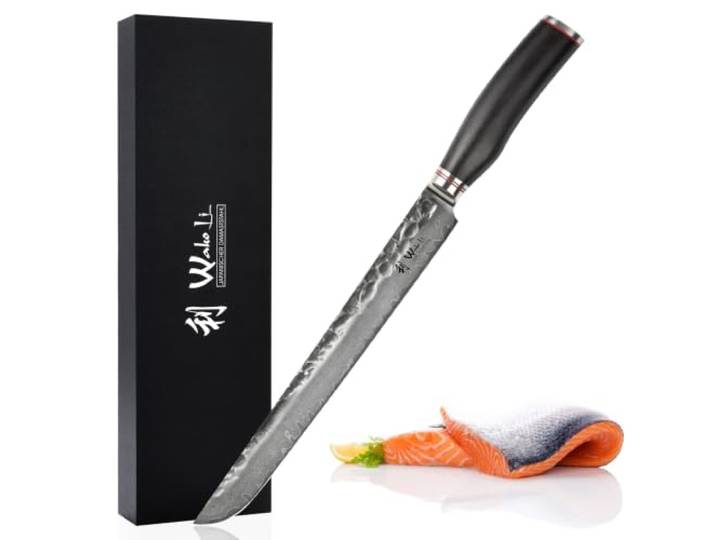 Wakoli EBO Tanto-Fleischmesser, 27,5 cm Klinge, 67 Lagen Damaststahl, VG-10 Hammerschlag, schwarzer Eichenholzgriff, 15° V-Schliff beidseitig, 60 ± 2 HRC, für große Fleischstücke, inklusive Geschenkbox