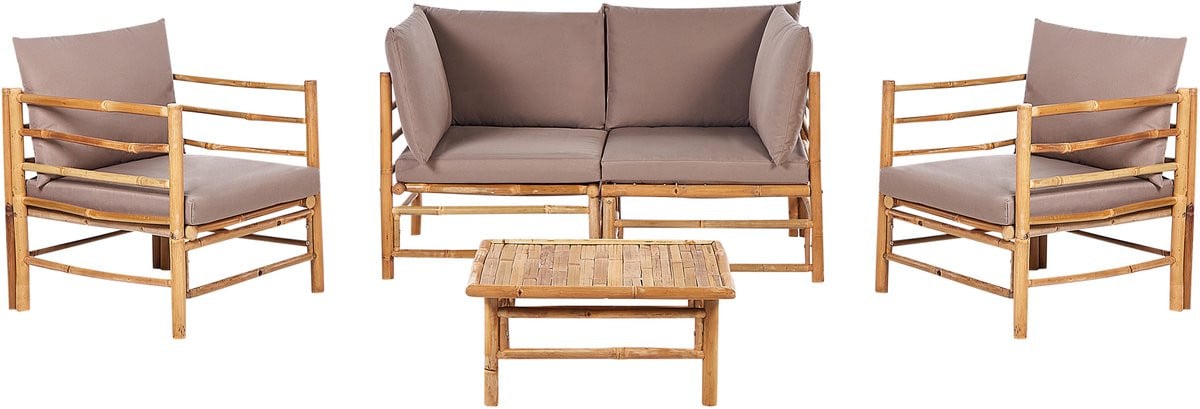 Cerreto 5-delige modulaire loungeset met 2 banken, 2 tuinstoelen en salontafel - Bamboe - Taupe