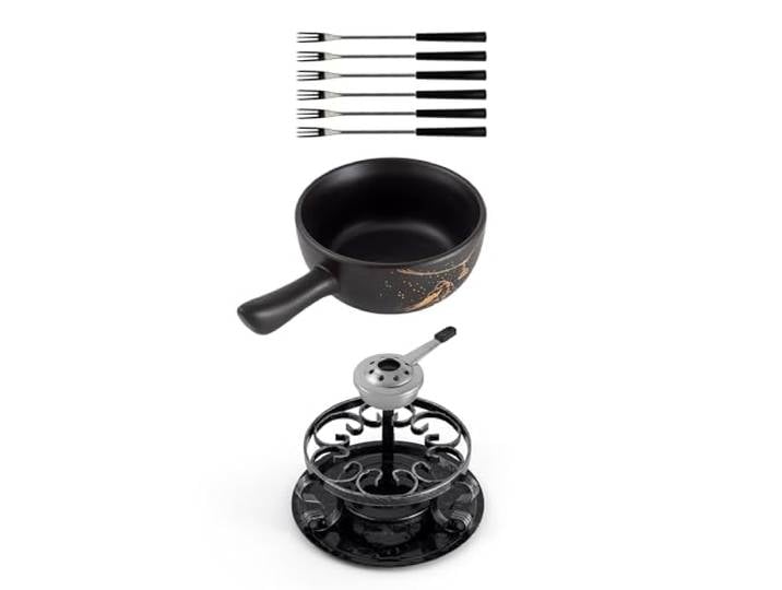 Swissmar F66901 Gruyère Fondue Set 9-teiliges, Keramik/Edelstahl, 2.65L, Fondue-Set für Fleisch, Käse und Schokolade, für 4 Personen, Geschenkset