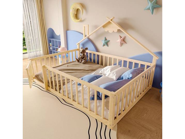 Lit enfant 140x190 cm lit plat avec plinthe et barrière sécurisée pin Naturel