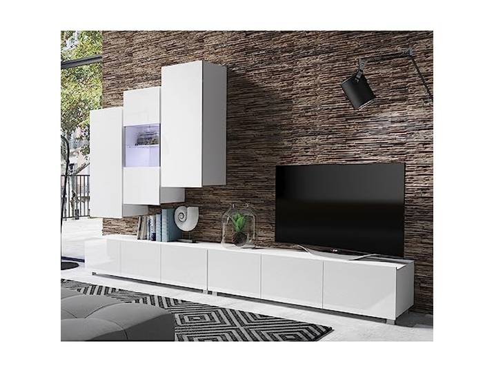 Lomadox Wohnwand Anbauwand weiß Hochglanz 5-teilig Modern, mit 2 TV-Lowboards, 1 Hängevitrine, 2 Hängeschränke