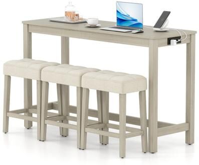 Costway Counter Height Table with 3 Stools and 4-Piece Breakfast Nook Bar Set-Gray