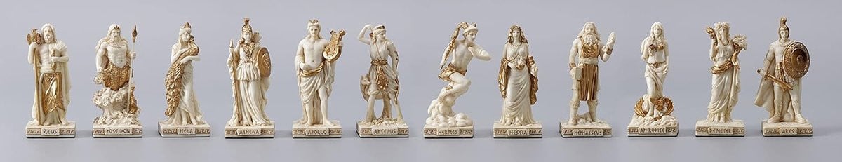 Handgeschilderde Griekse Goden Beeldjes - Decoratieve Miniatuur Beelden - Wit Goud - B/D/H: 3,8 x 3,8 x 9,1 cm
