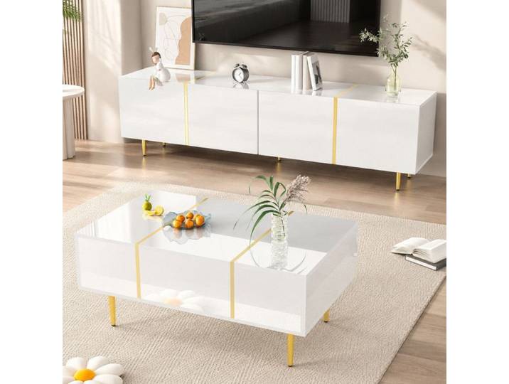 Norevia Ensemble Meuble TV et Table Basse Blanc Laqué Brillant avec Accents Dorés 170 cm
