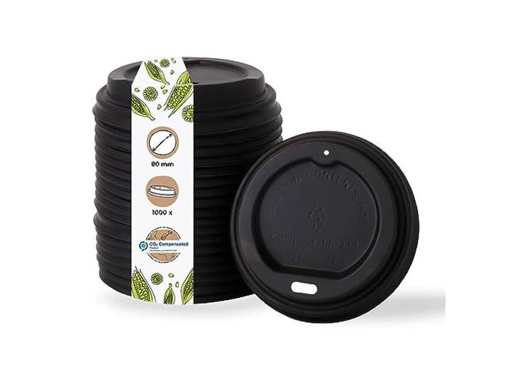 BIOZOYG Coffee-to-go Deckel 1000 Stück Ø 80 mm schwarz, CPLA kompostierbar Becherdeckel mit Trinköffnung aus Biokunststoff, DIN13432 zertifiziert - für Pappbecher mit 150/200 ml in Café und Gastro