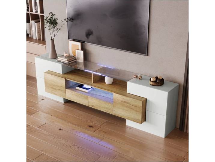 ROVRYN TV-Schrank 200 cm LED Bois MDF Blanc brillant et bois