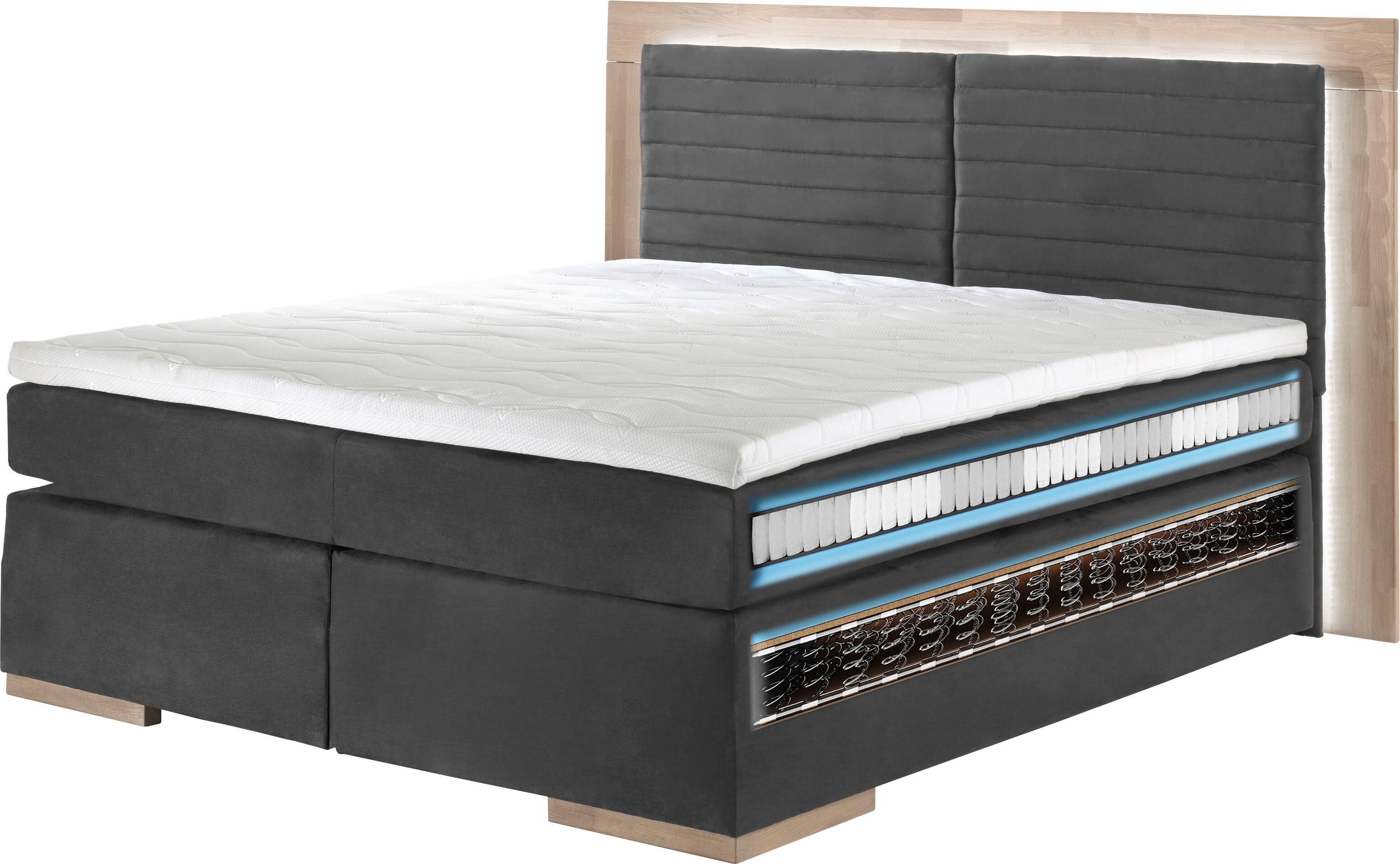 Boxspringbett HOME AFFAIRE "CUP mit Massivholzramen, inkl. Matratze und Topper", grau (charcoal), B:230cm L:206cm, Bezug: Luxus-Microfaser (100% Polyester);Bezug: Microfaser (100% Polyester), Komplettbetten, Boxspringbett, Luxus-Microfaser- oder Struktur 