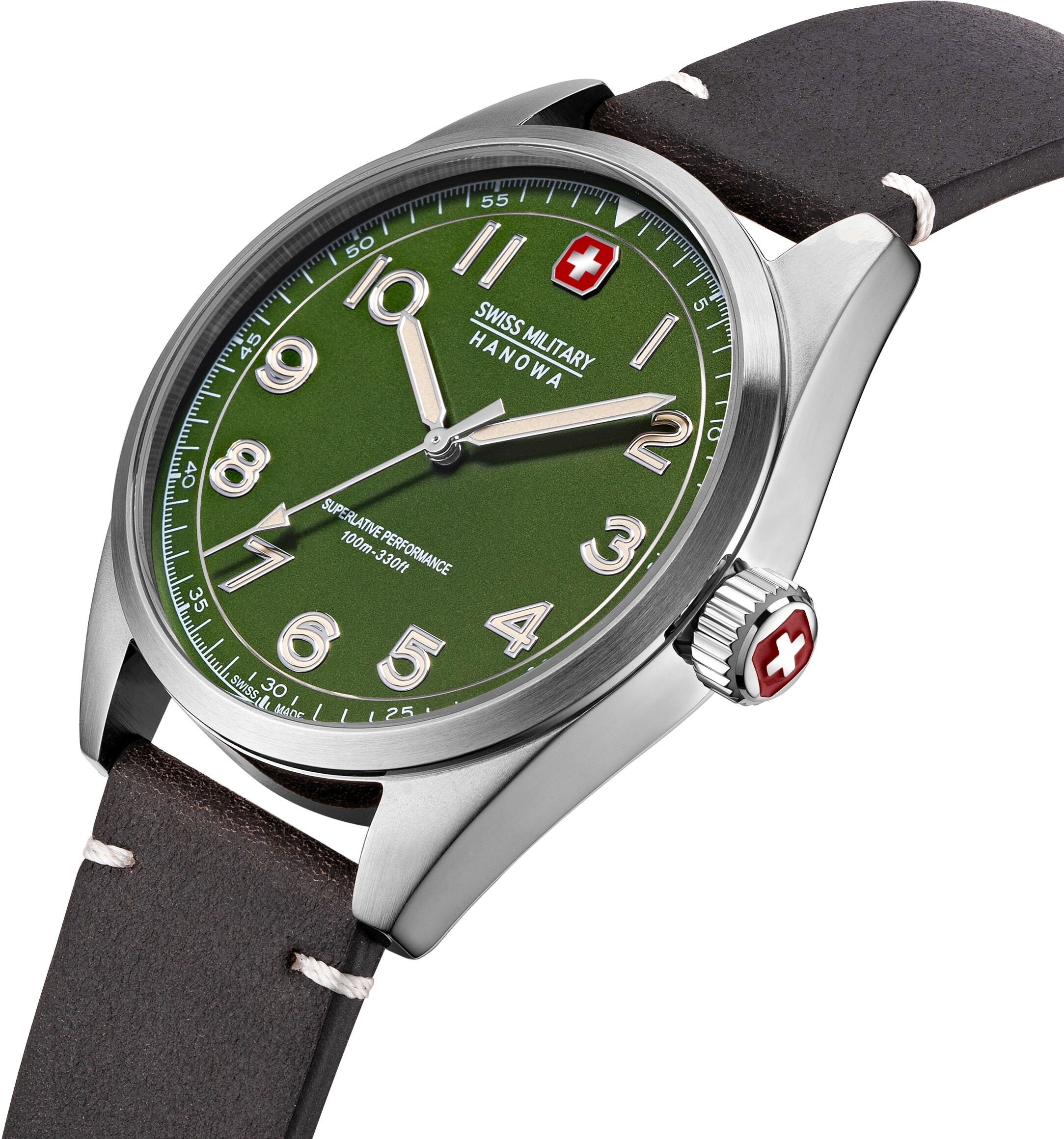 Quarzuhr "Falcon", braun, grün, SWISS MILITARY HANOWA, Armbanduhren, Herren, silberfarben, Quarzuhr, Armbanduhr, Herrenuhr, Swiss Made, Lederarmband, analog