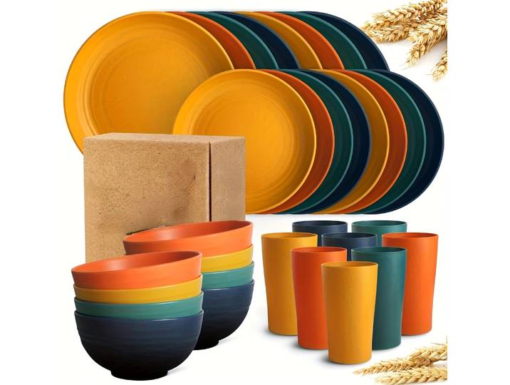Service de vaisselle en plastique de cuisine 32 pièces, service pour 8 assiettes queplate, assiette à dessert, bols à céréales, standard, incassable