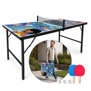 Bandito-Sport Tischtennisplatte Mini, Set, mit Netz, Indoor, 152 x 76 x 66cm Comic-Design, mit Schlägern & Bällen, klappbar
