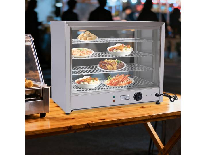 Chauffe-aliments commercial 800W, vitrine de présentation de nourriture à 4 niveaux, vitrine de table chauffante, 30-85 ℃ Vitrine Chauffante pour Cafétérias, Boulangeries, Banquets, Magasins de