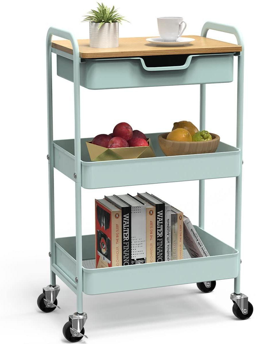 Selius 3-laags multifunctionele keukentrolley met tafel en lade op wielen