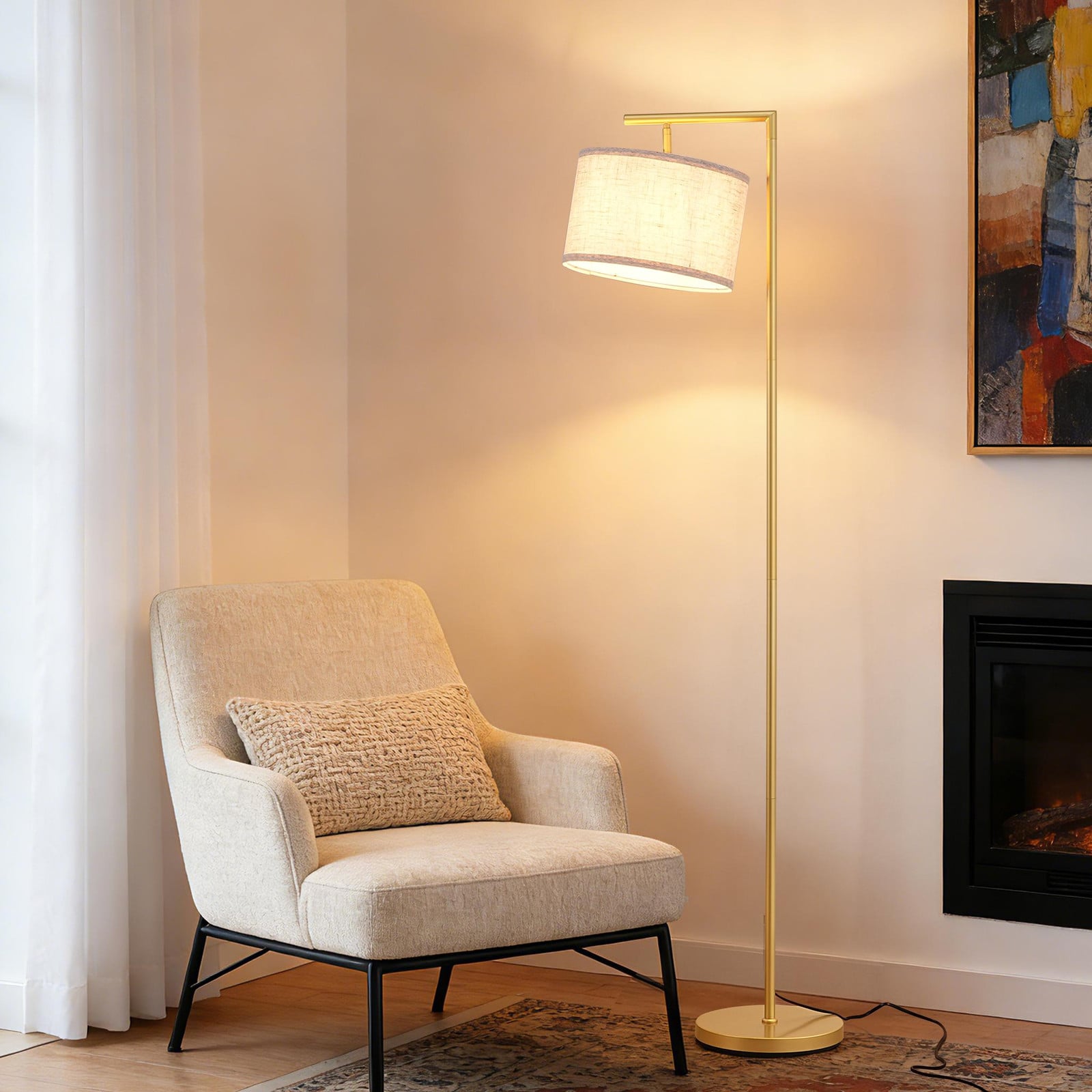 EDISHINE Vloerlamp voor de woonkamer, Goudkleurige booglamp met verstelbare linnen lampenkap en voetpedaal, Hoogte: 160 cm