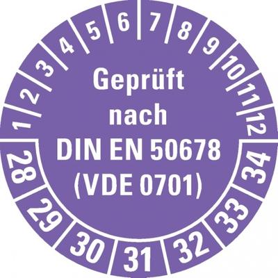 Dreifke® Prüfplakette Gepr.n.DIN EN 50678(VDE 0701) 28-34, violett, Doku.folie, Ø30mm, 108 Stk.
