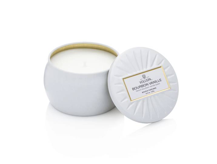 Voluspa Bougie décorative étain 25 heures Bourbon Vanille
