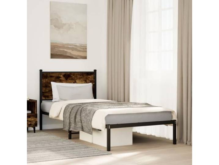Stahlgestell Robust Klassisches Design mit Lattenrost 75x190 cm Braun Metallbett ohne Matratze Räuchereiche 75x190 cm Stabil Bettgestell mit Lattenrost Stauraum Gästebett Schlafzimmer Modern