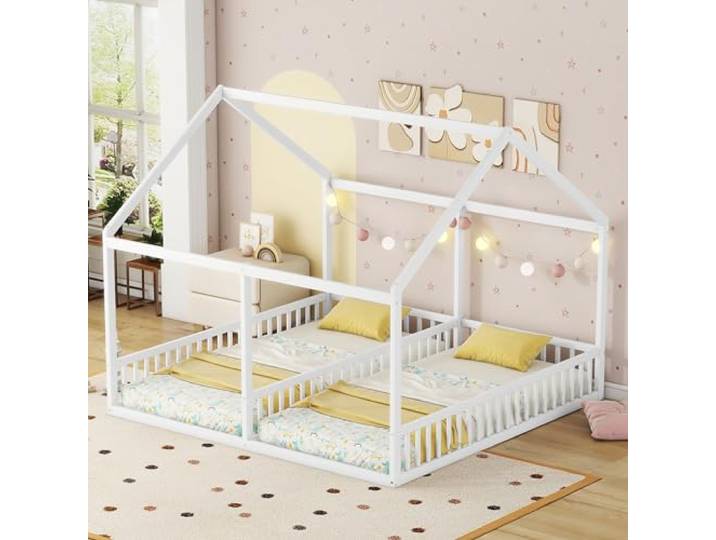 FAVSH Hausbett 90x200 cm, 2-in-1 Bodenbett mit Rausfallschutz und Lattenrost, Hausbett Holz Geschwister Bett für Mädchen & Jungen, Flachbett, Ohne Matratze, Weiß