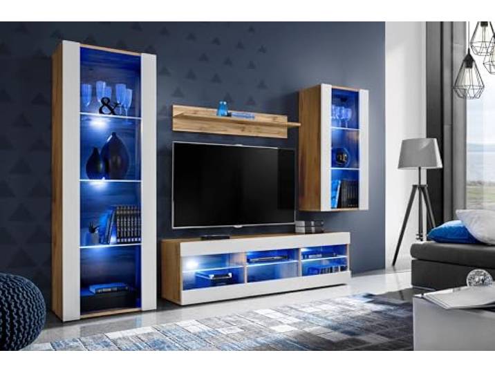 Komodee Wohnwand TV Tivoli Medio A1 Weiß/Wotan 245x159x35 cm Wohnwand Tivoli Medio, Weiß/Wotan, Breite 245cm x Höhe 159cm x Tiefe 35cm, LED Blau, für Wohnzimmer