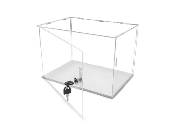 Acryl Vitrine Acryl-Vitrine Schloss Weißem Sockel, Behälter Sammlerstücke Abschließbare Vitrine mit Offener Front, Transparente Box (Alternative zu Glas), Aufbewahrungsbehälter für Elektronik