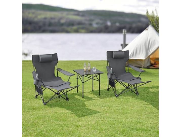 casa.pro Campingmöbelset Bellante 3-TLG. Campingset 2 Stühle und Tisch faltbares Picknickset aus Textilgewebe Klappstühle mit 2 Becherhaltern und Fußstütze Grau