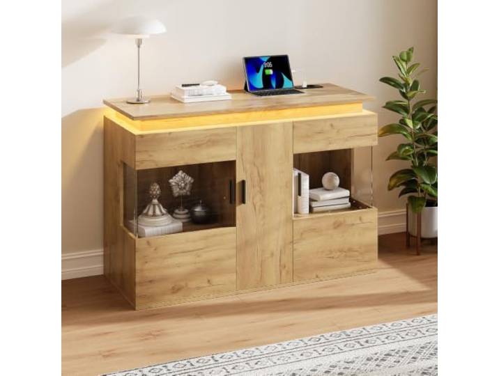 Dimmbares Retro Sideboard Mit Beleuchtung Als Raumteiler Holz Metal Design Stauraum Für Wohnzimmer Essbereich TV Bank Lowboard (Light Oak + Engineered Wood + Glass+Metal + Contemporary + Modern)