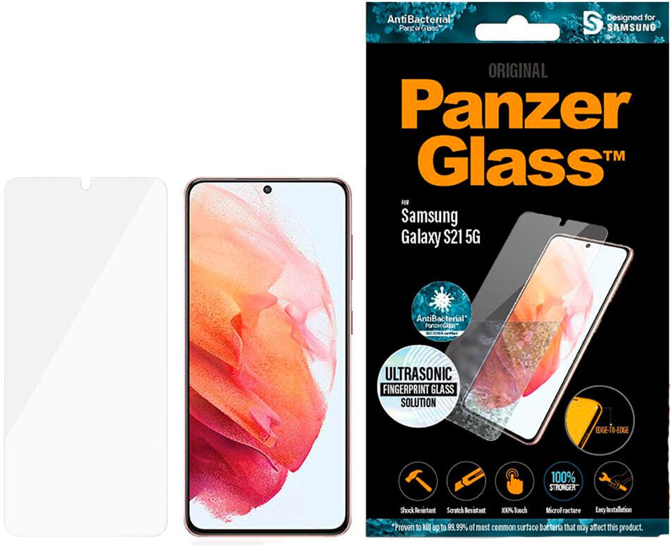 Samsung Galaxy S21 PanzerGlass AntiBacterial Edge-to-Edge Ultrasonic Fingerprint Beskyttelsesglas - Case Friendly - Gennemsigtig