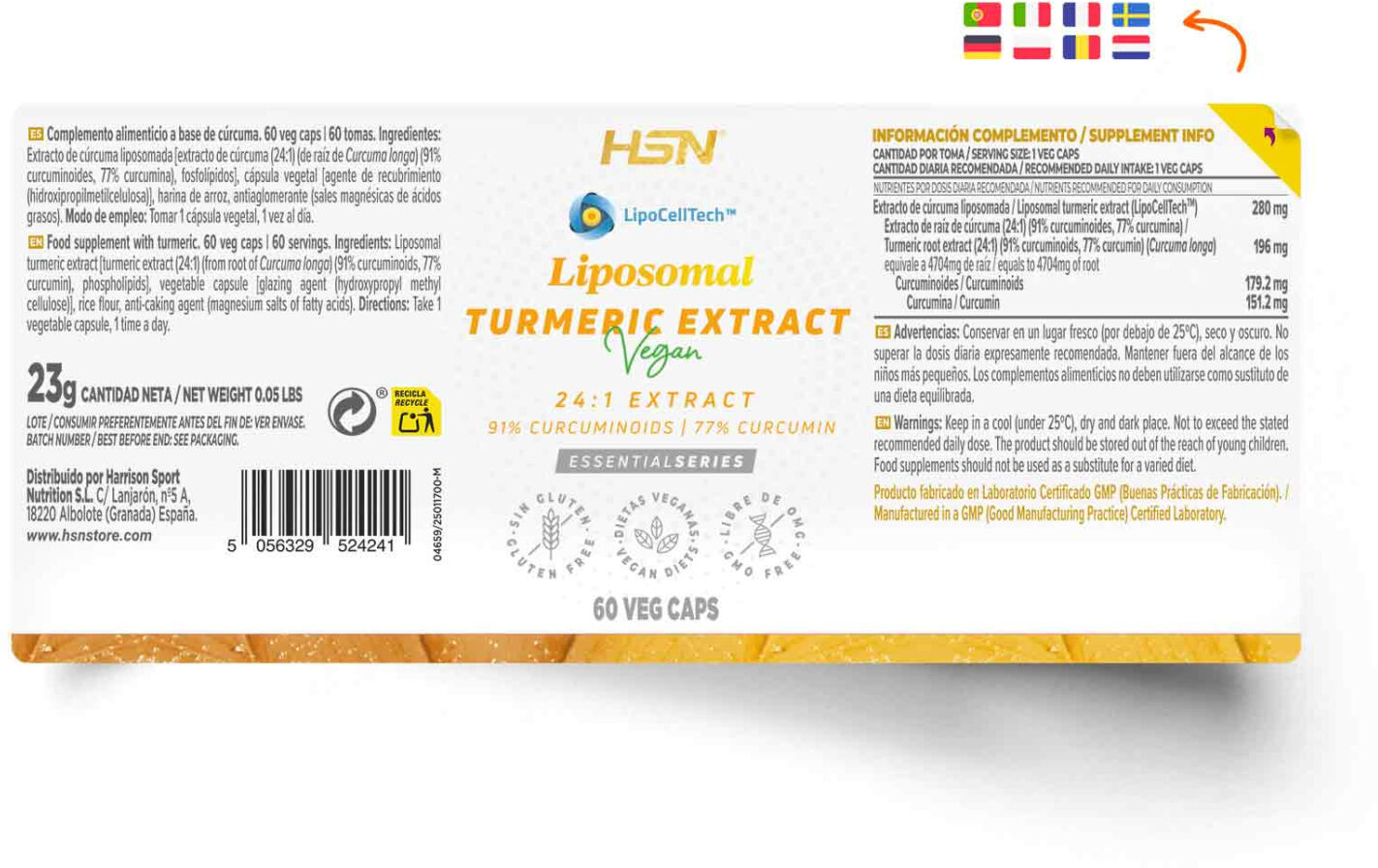 HSN Extracto de cúrcuma liposomada (LipoCellTech™) (24:1) 280mg - 60 veg caps - Huesos y articulaciones - Cápsulas Vegetales - 60  Servicios