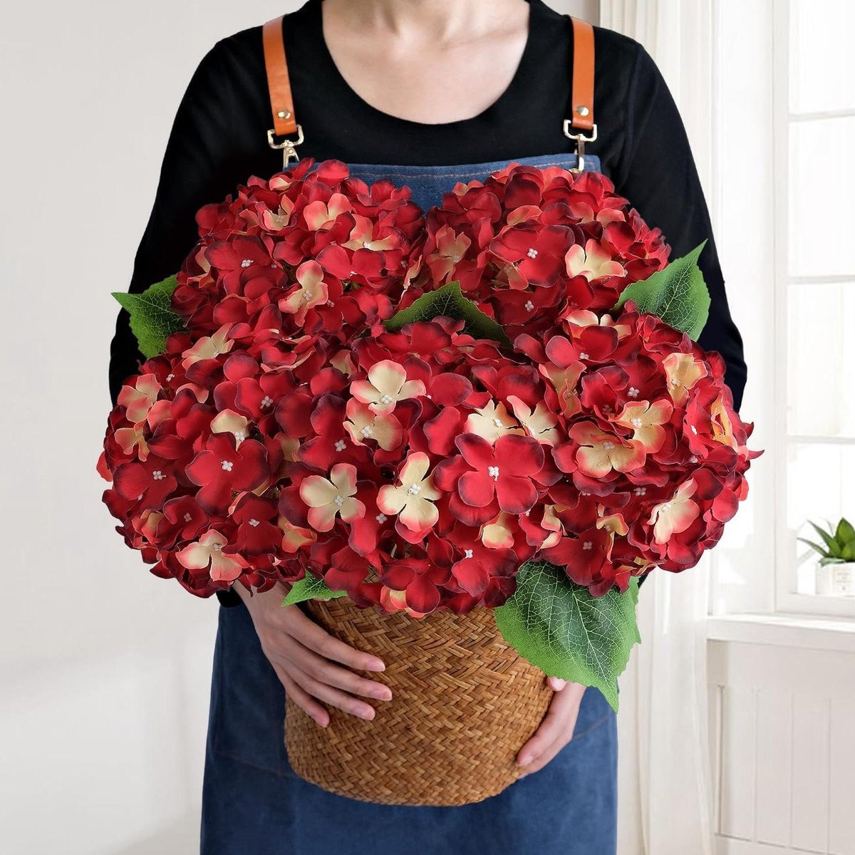 Zijden Hortensia Kunstbloemen Boeket Rood en Geel - 50 cm