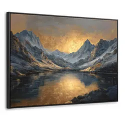 LEINWAND Bilder mit Rahmen - Bergkulisse mit goldenem Sonnenuntergang - 70x50