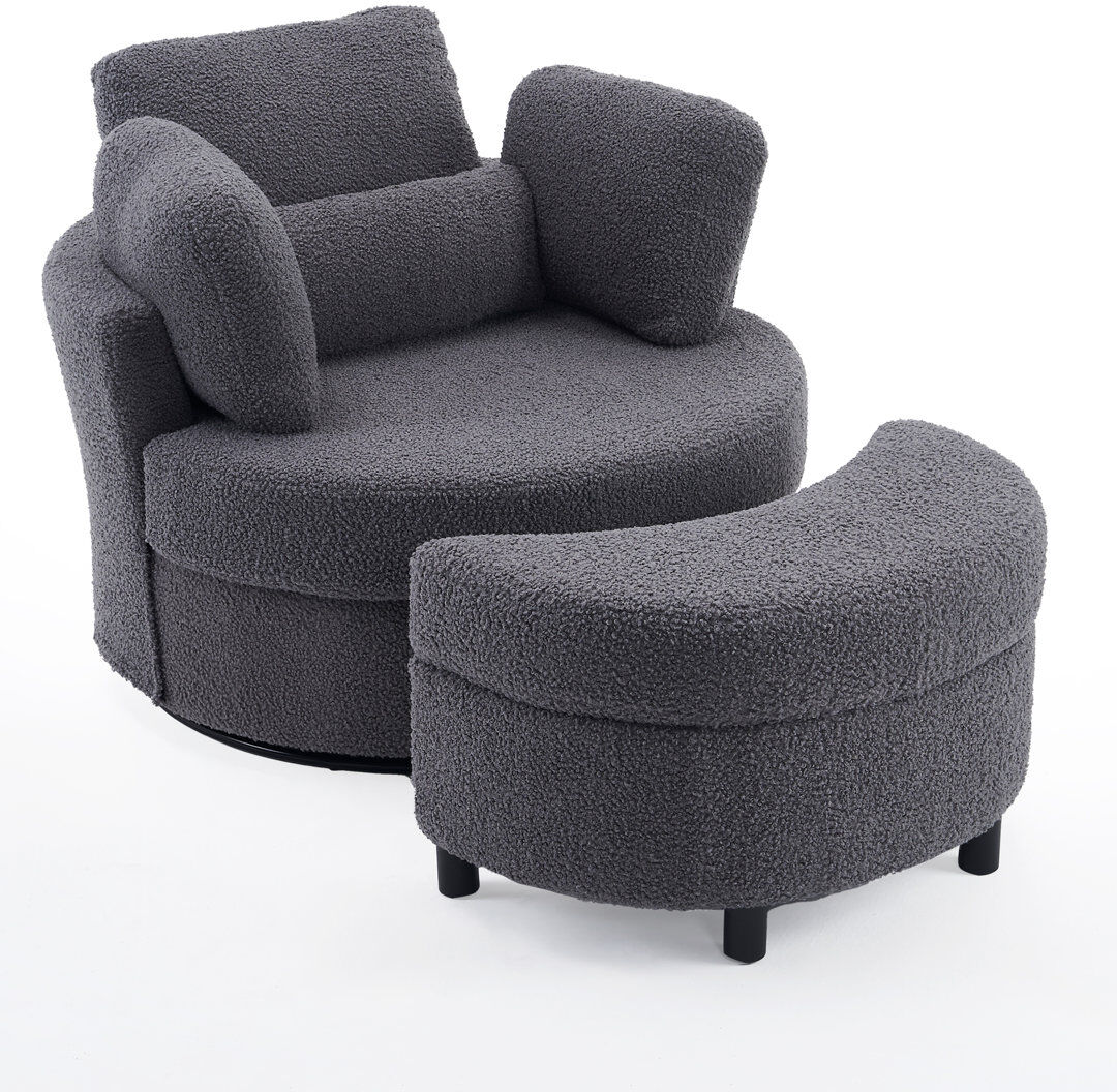 Ivy Bronx Upholstered Teddy Swivel Armchair With Footstool Grey Teddy 82cm H X 105cm W X 107cm D
