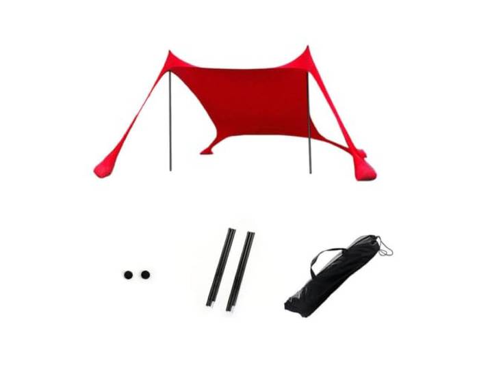 Picknick-Zelt-Set für Strand, 300 x 300 x 200 cm, Rot Tragbares Outdoor-Baldachin mit 2 Eisenstangen für Camping und Picknick, Polyester-Sonnenschutz