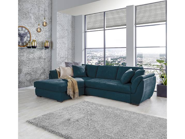 Ecksofa mit Schlaffunktion Blau Webstoff Roge 278 x 83 x 187cm Schlaffunktion davorstehend rechts mit Schlaffunktion Modern
