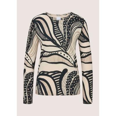 Longpullover MADELEINE "Pullover Feinstrick-Pullover mit Fantasy-Print", Damen, Gr. 44/46, beige (wollweiß, schwarz, beige), Modern, comfort fit, Pullover Longpullover