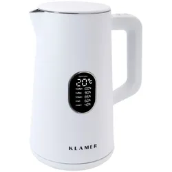 KLAMER Edelstahl Wasserkocher mit Temperatureinstellung 40-100°C, Warmhaltefunktion, mattweißes Kaltgehäuse, doppelwandiger 1,5L Teekocher mit 1800W,...
