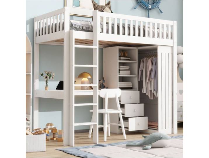 MEULVA Lit mezzanine 90 x 200 cm avec bureau armoire 3 tiroirs escalier et barrières blanc