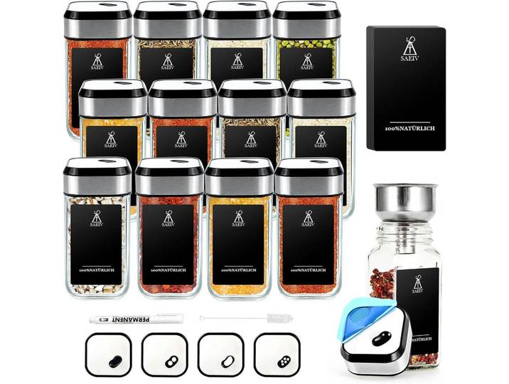 Gewürzgläser 12-teiliges Set 120 ml Glas mit 360° Rotation und drei Kalibern, Mehrfarbig, 4.7x9.7x4.7 cm, Küchenzubehör, Vorratsbehälter, Gewürzgläser