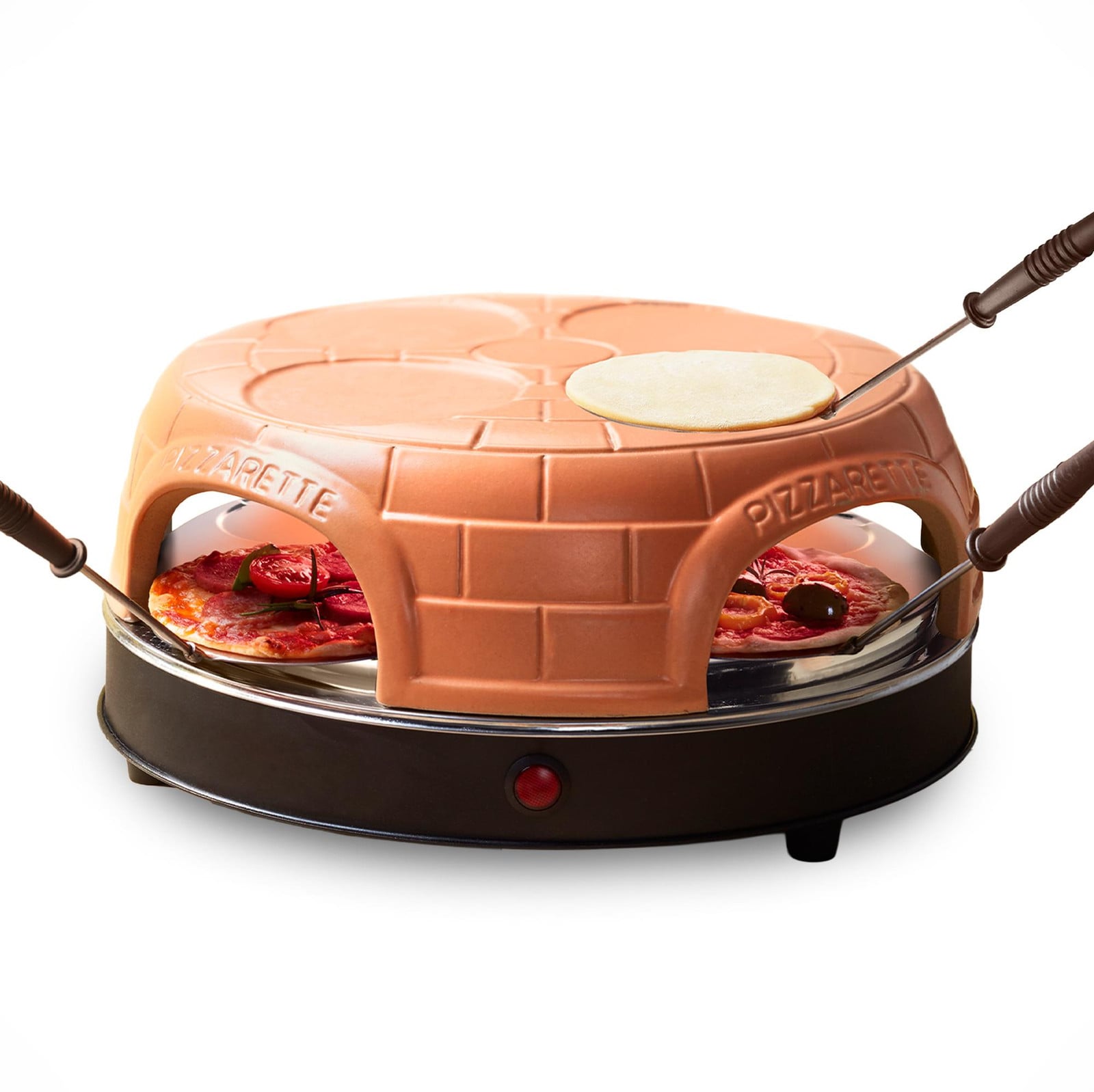 Emerio Pizzarette Original Pizzaoven voor 4 personen met pre-bake-functie en handgemaakte terracotta koepel, 1000 W, PO-115847.1