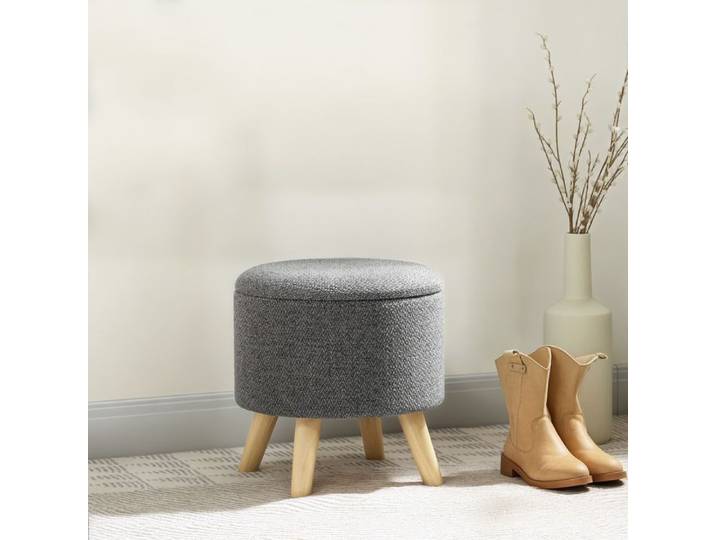 Pouf rond repose-pieds tabouret avec coffre de rangement pieds en bois design moderne gris