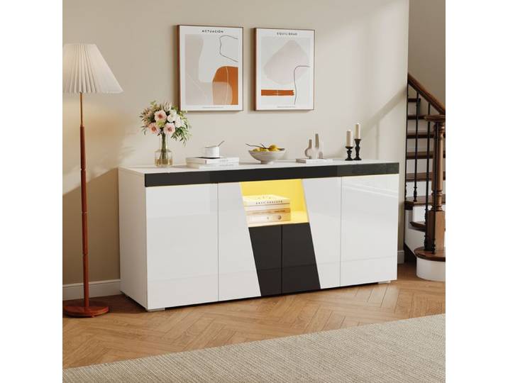 Buffet avec éclairage LED - MODERNLUXE - 140x40x65 cm - 4 portes - Éclairage LED - Finition brillante - Blanc+noir