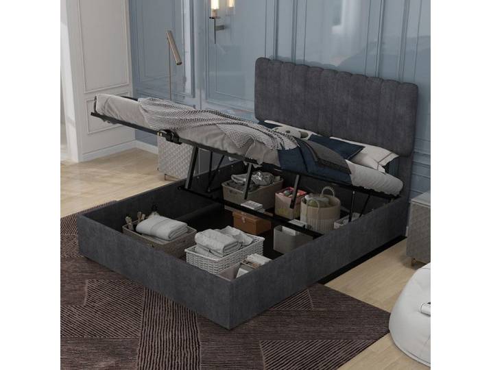 Lit double 160x200 cm avec tête de lit Structure de lit avec sommier à lattes Mobilier de chambre multifonctionnel Gris