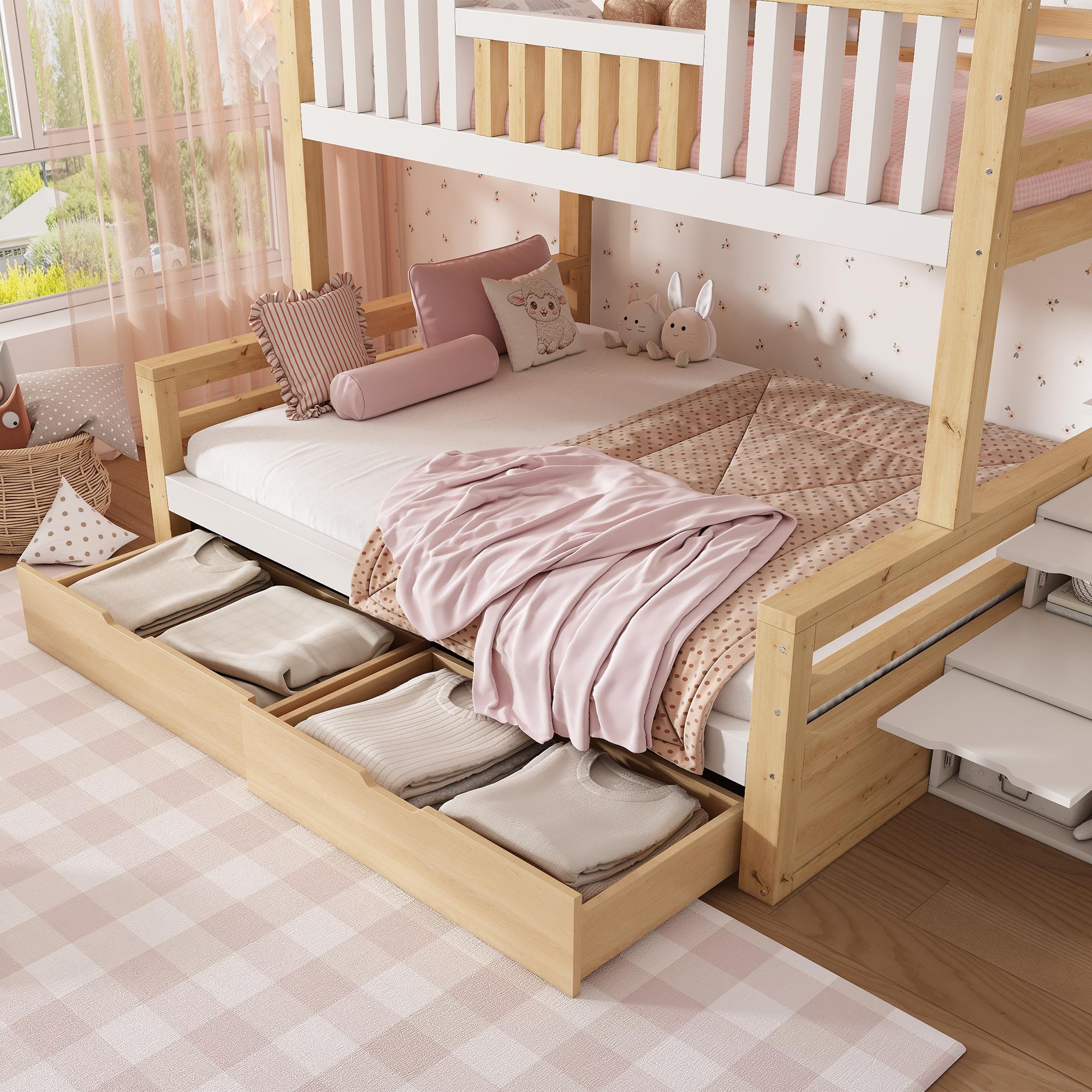 Etagenbett aus Holz mit Treppe, 90 x 200 cm oben und 140 x 200 cm unten, Giebeldach, 2 Schubladen, Weiß und Eiche