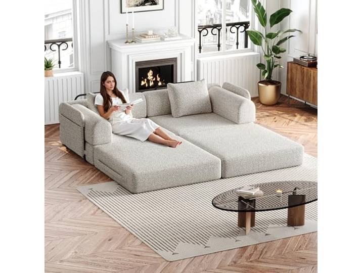Chenille Schlafsofa klappbar 2-Sitzer Khaki mit Stauraum 2-in-1 Schlafsofa mit Staufach in der Armlehne und drei Metallrahmen