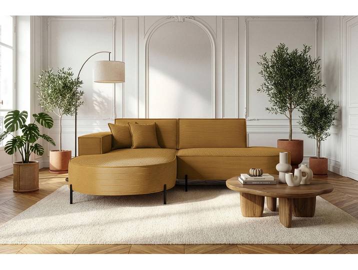Ecksofa 3-Sitzer im Loft-Stil, Skandi-Design – L-Form, Ecke Links – Hohe Metallfüße – inkl. Dekokissen, Cordstoff Chenille – Senf