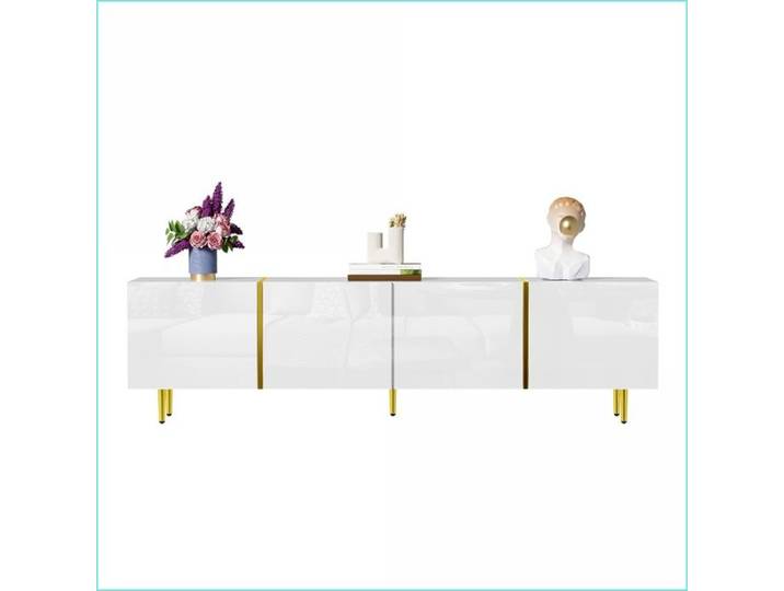 Meubles TV & Divertissement - Meuble TV Blanc Hochglanz 4 Portes Design Moderne Élégant aux Accents Dorés