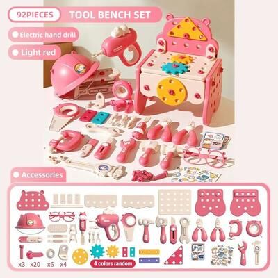 Uplifted Goods Kids Construction Tool Set With Electric Toy Drill 92pcs Pink With Drill