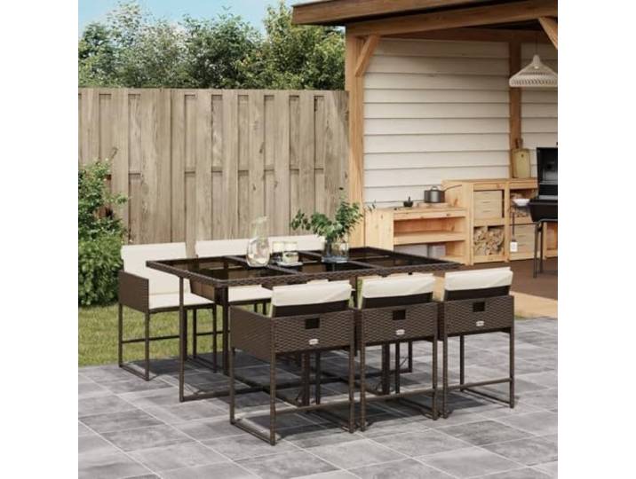YUOTYRKTEJRSG Poly Rattan klappbar Esstischgruppe Braun 7 teilig 7-tlg. Garten-Essgruppe mit Kissen Braun Poly Rattan, UV-beständig, klappbare Stühle, Tischplatte aus Hartglas für Terrasse