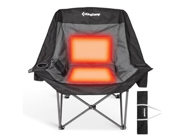 KingCamp Oversized Beheizter Campingstuhl Faltbar bis 200 kg, 3 Heizstufen Campingsessel mit Kühltasche Getränkehalter, Weinglashalter, Gepolstert, Hochlehner, Camping Stuhl Klappbar, Angeln Garten