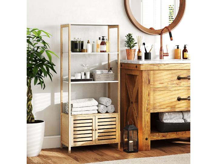 HOMCOM Armoire Salle de Bain Bambou 3 Étagères 1 Placard Bois Blanc