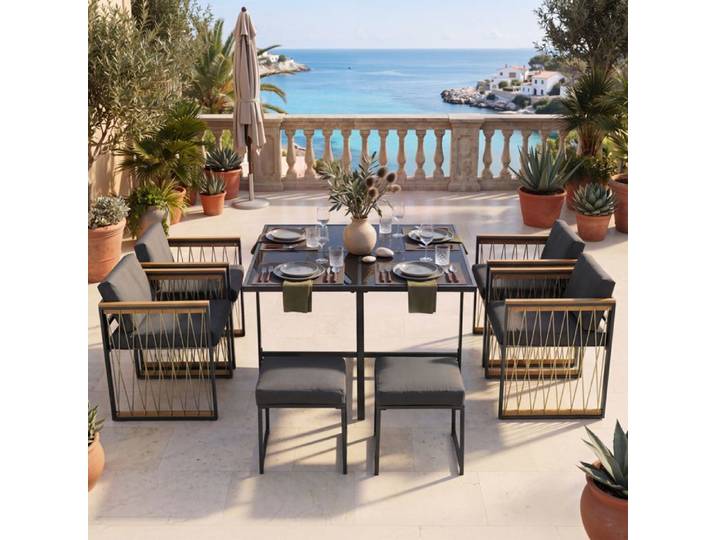 Ensemble repas de jardin 7 pièces pour 6 personnes table carrée 117 x 117 cm verre trempé noir
